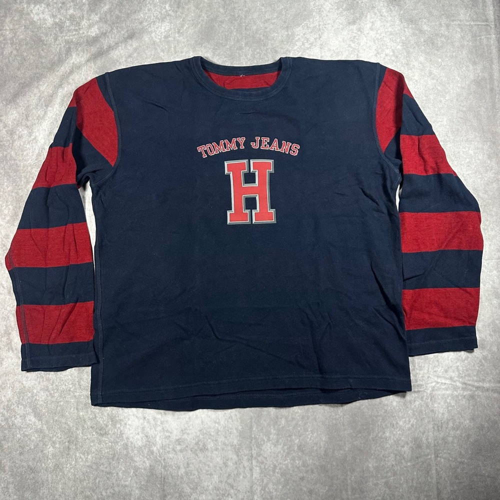 Vintage Tommy Jeans Mens XXL Long Sleeve Shirt Navy Red Striped Graphic Tee
